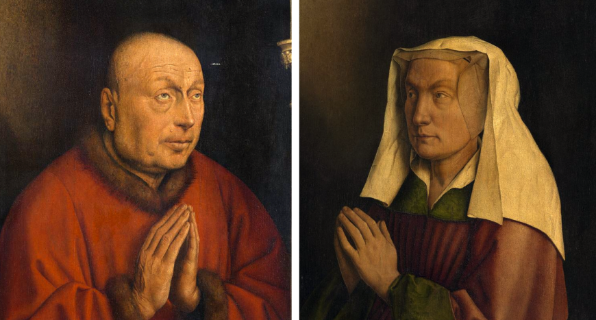 The patrons, Jodocus Vijd (left), and Vijd's wife, Elizabeth Borluut (right) (detail) (detail), Jan van Eyck, Ghent Altarpiece (closed), completed 1432, oil on wood, 11 feet 5 inches x 7 feet 6 inches (closed), Saint Bavo Cathedral, Ghent, Belgium (photos: Closer to Van Eyck)